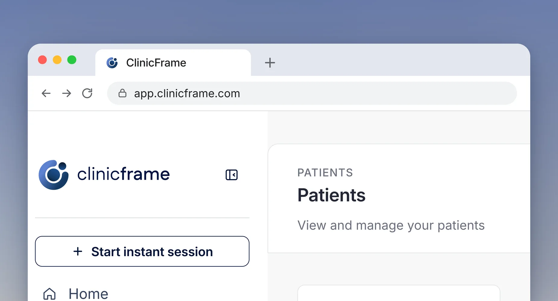 ClinicFrame open in a browser tab at app.clinicframe.com, with the sidebar and the Patients screen ready to use.