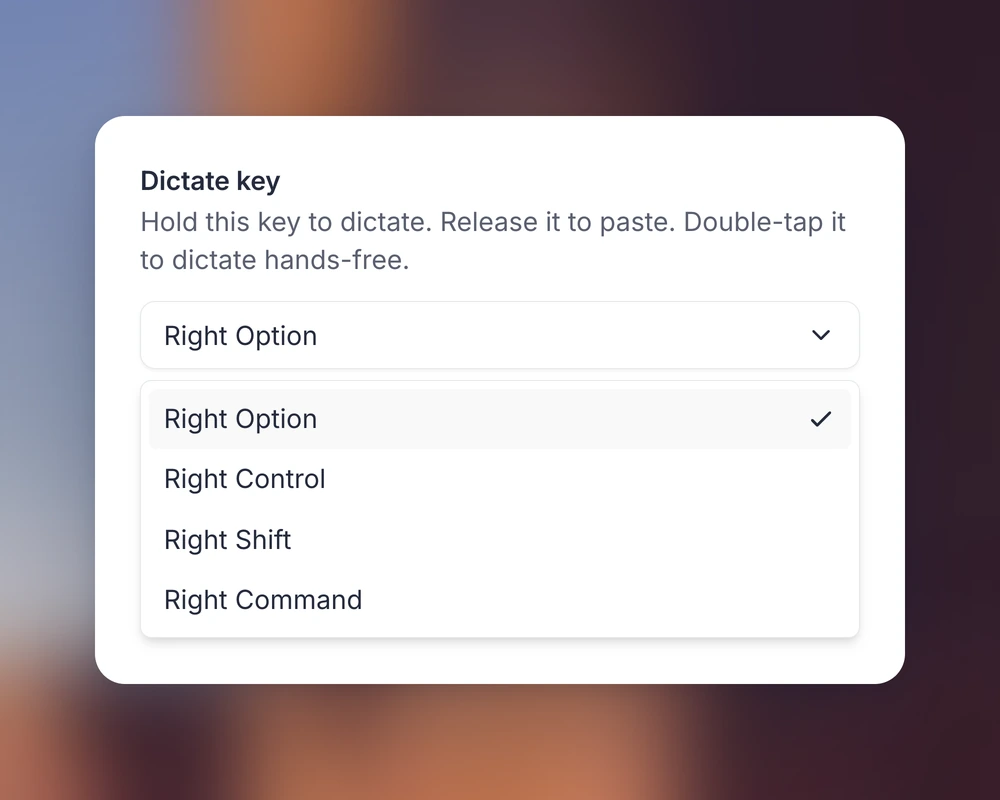 Dictate key selector in the desktop app