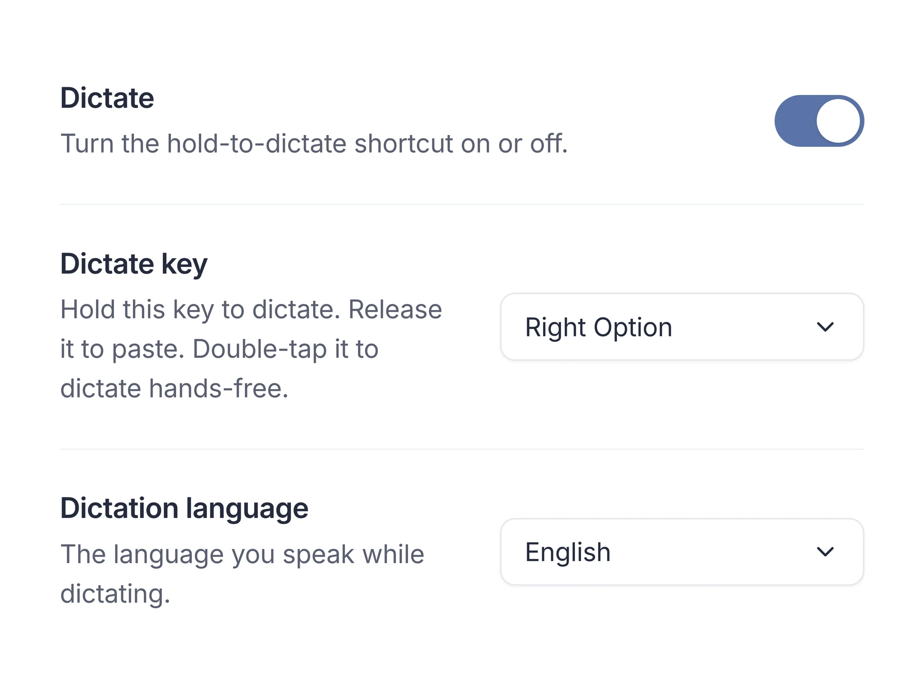Desktop dictation settings