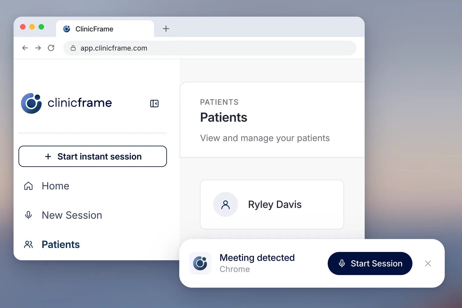 ClinicFrame open in a browser at app.clinicframe.com showing the patient Ryley Davis, with the desktop app's Meeting detected notification and its Start Session button floating in front of the window.