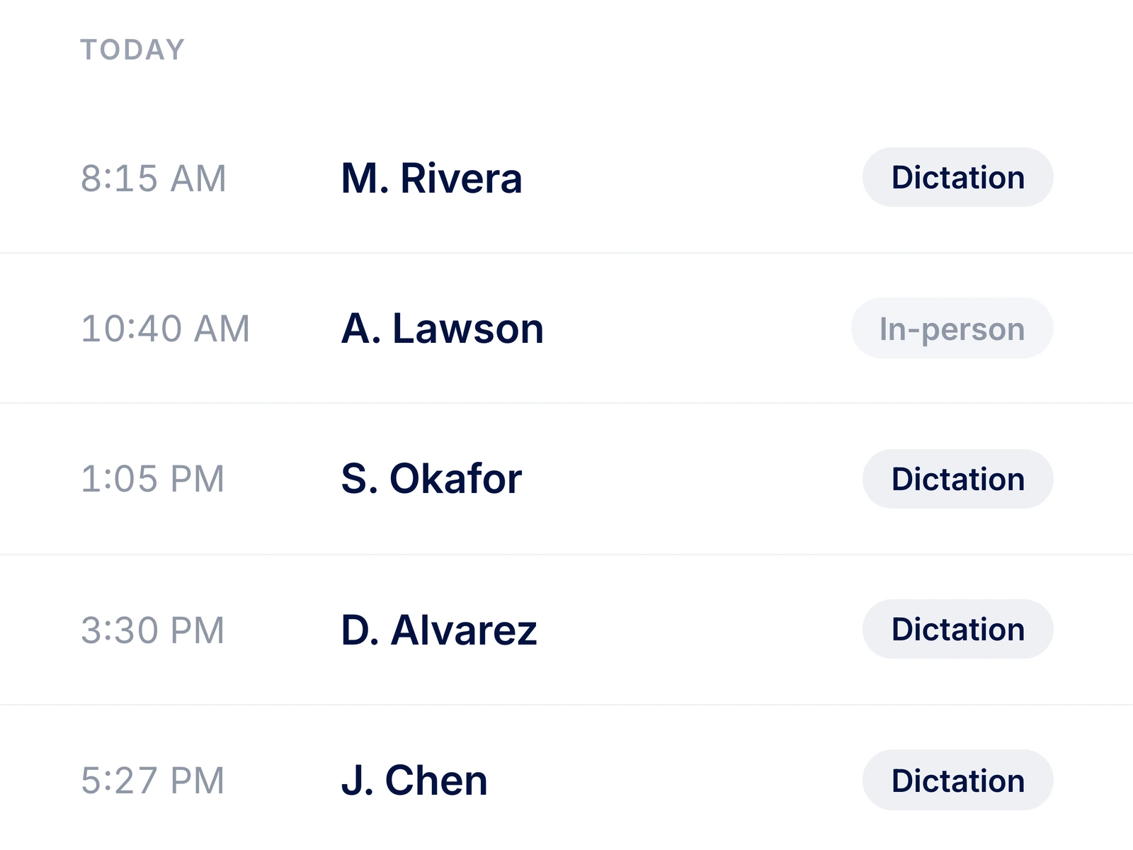 List of dictation sessions