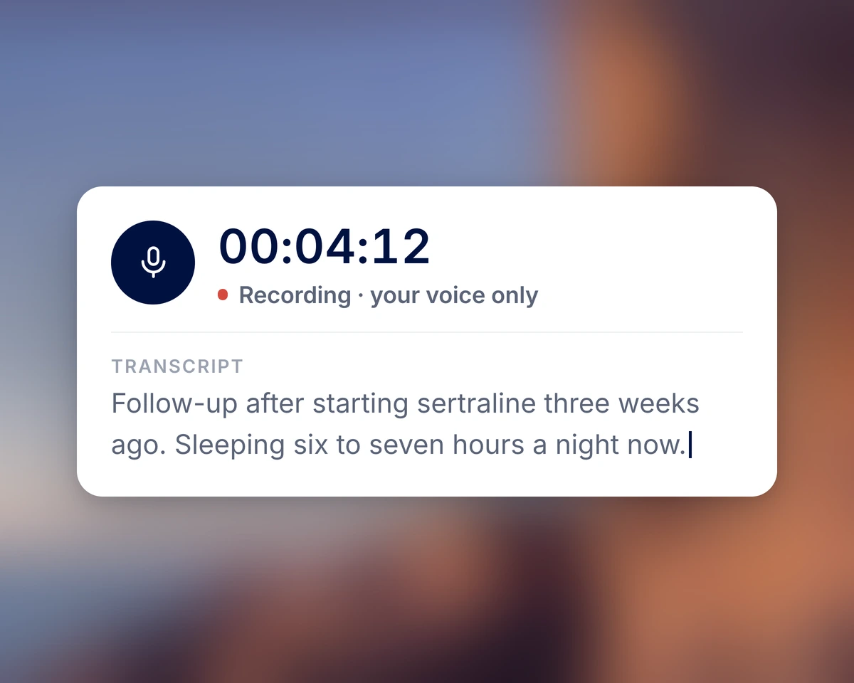 Dictation transcript with pause and resume controls