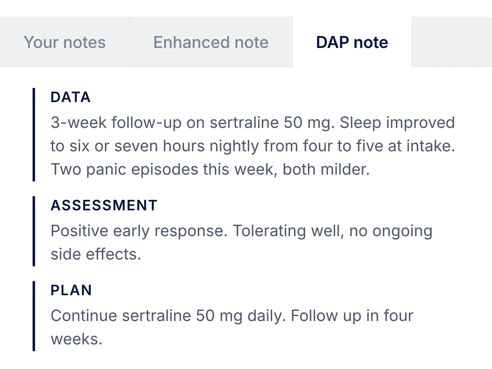 Draft note organized into DAP sections
