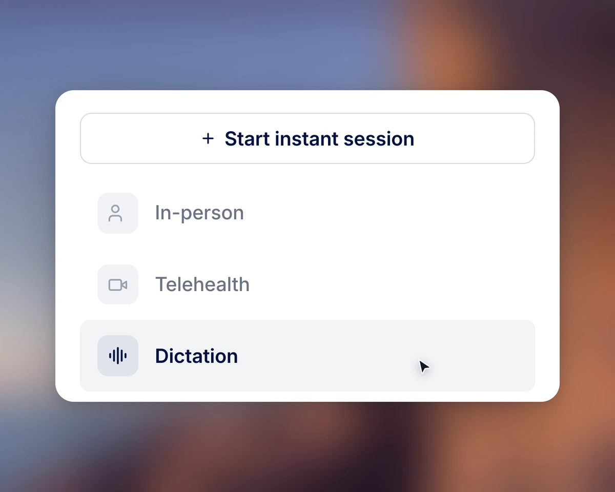 Session type picker with Dictation selected