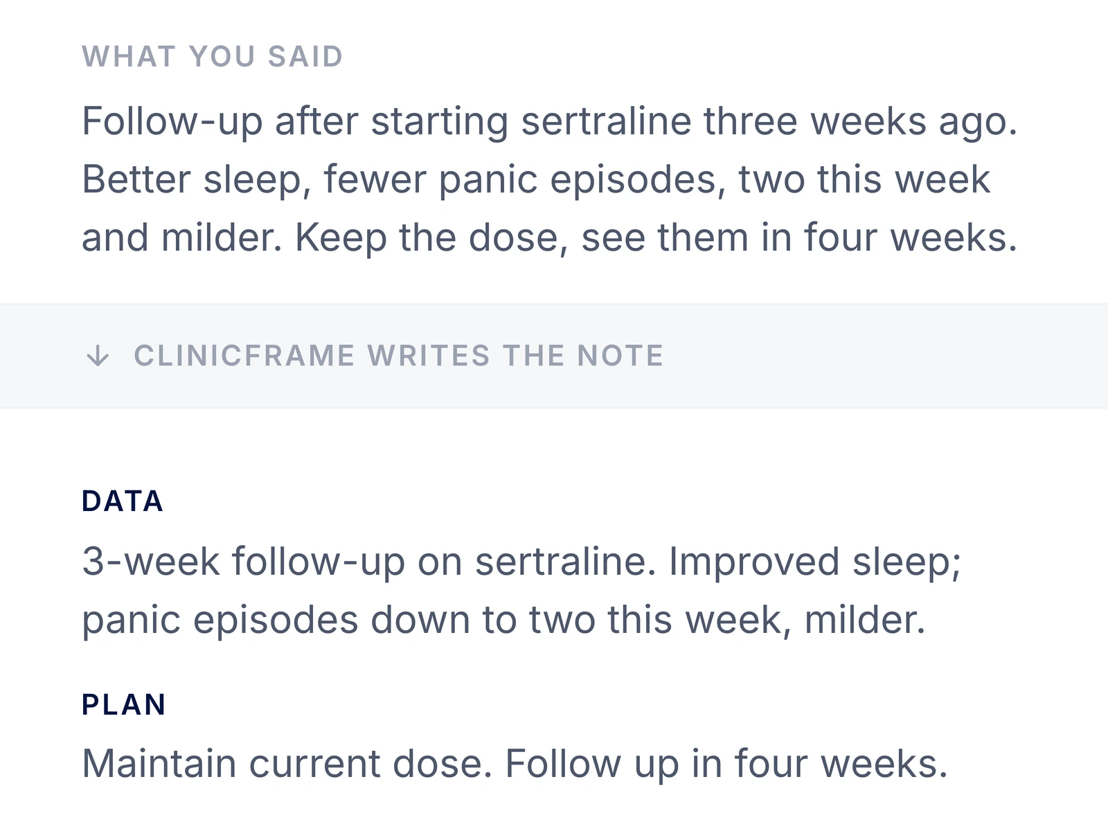 Narration organized into a clinical note