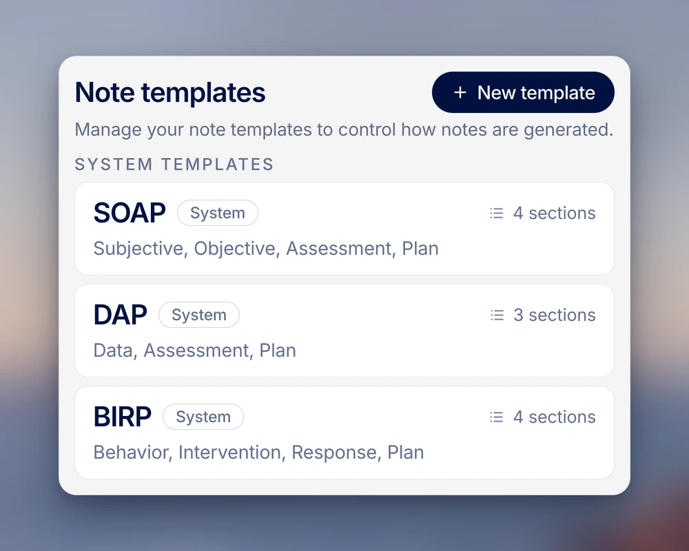 Note templates screen showing available formats