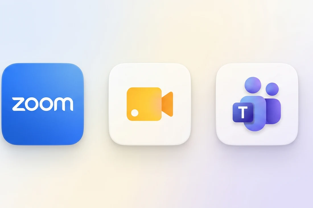 App icons for Zoom, video calls, and Microsoft Teams.