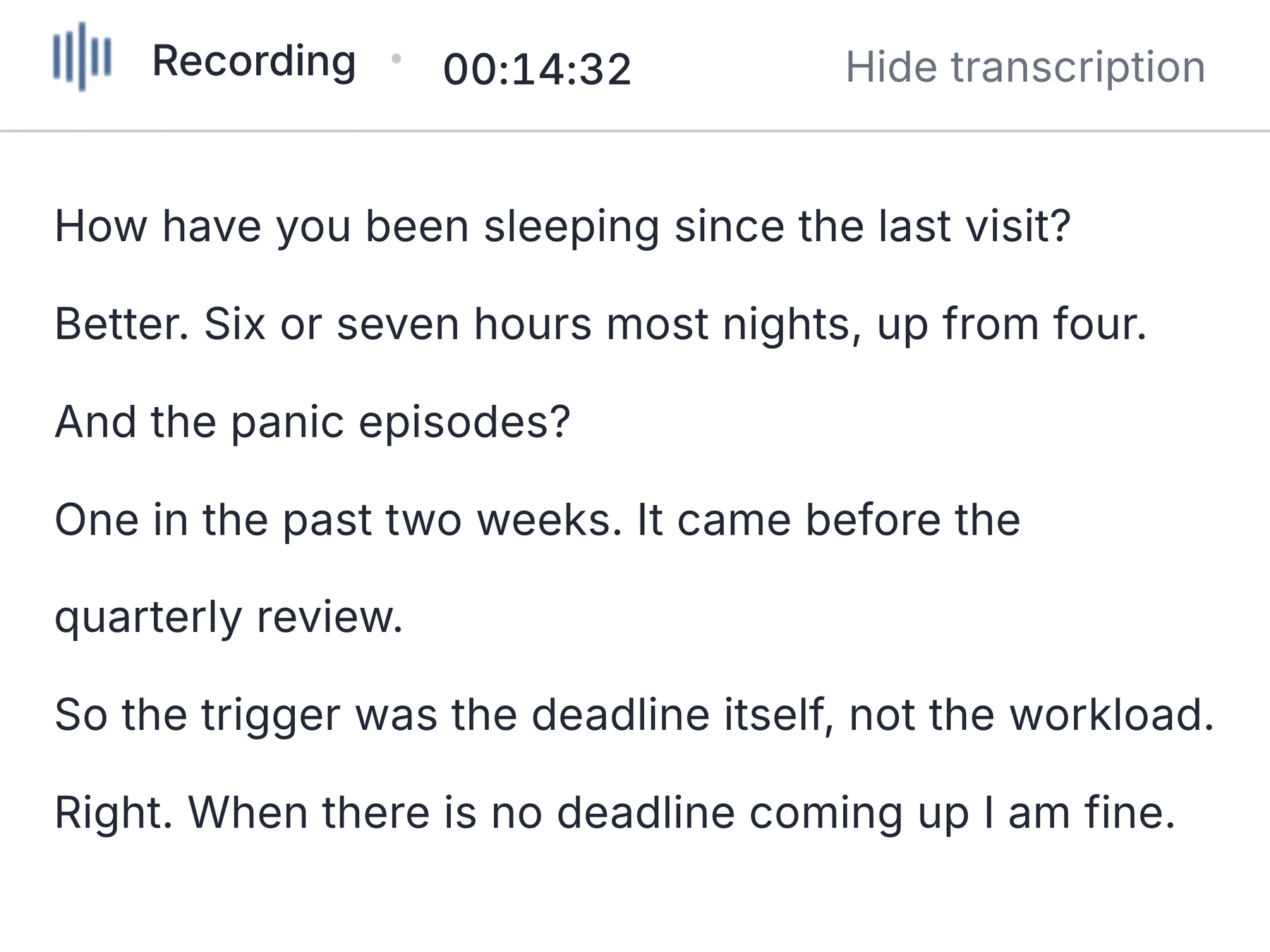 Transcript with separate lines for the conversation