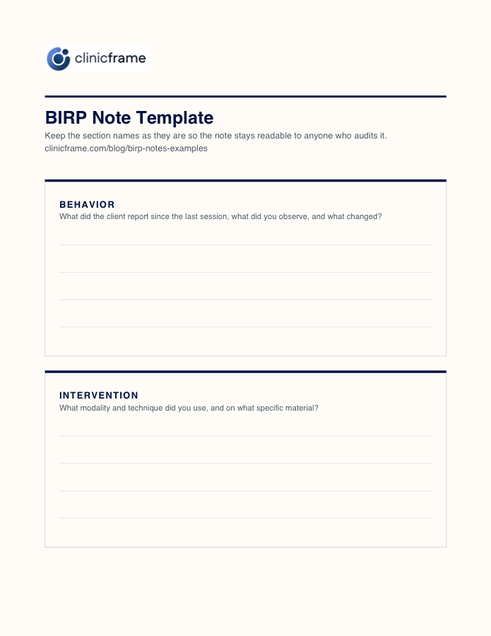 Preview of the BIRP Note Template PDF