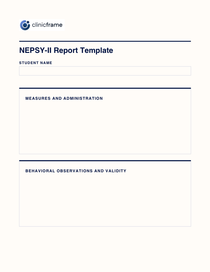 Preview of the NEPSY-II Report Template PDF